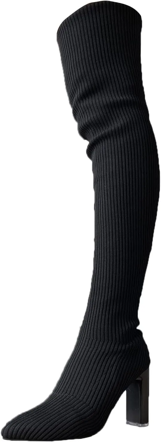 SBGMoSJ Boots for Women Over the Knee Thigh High Boots Pointed Toe Knitting Block Heel Stretchy Long Winter Fall Boots Cowgirl Boots Wide Calf Winter Fashion Booties Solid Color Long Boots