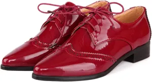 SHEMEE Women's Patent Leather Low Heels Vintage Wingtip Oxfords Pumps Lace Up Pointed Toe Flat Retro Brogues Dress Shoes
