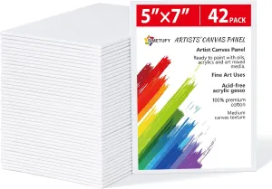 Simetufy 42 Pack 5x7 Inch Flat Canvas Boards for Painting, 8oz Pre-Primed Small Canvas Panels, Acid-Free 100% Cotton for Acrylics Oil Watercolor Paints