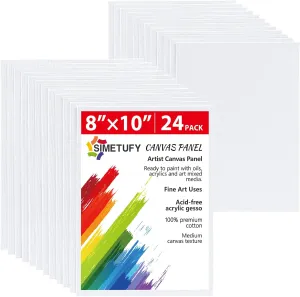 Simetufy Canvas Boards for Painting 8 x 10 inch, 24 Pack Flat Painting Canvas Panels, 8oz Gesso Primed Acid-Free 100% Cotton for Acrylic, Oil Watercolor Paint