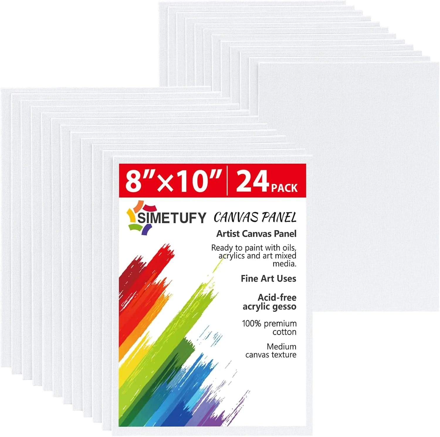 Simetufy Canvas Boards for Painting 8 x 10 inch, 24 Pack Flat Painting Canvas Panels, 8oz Gesso Primed Acid-Free 100% Cotton for Acrylic, Oil Watercolor Paint