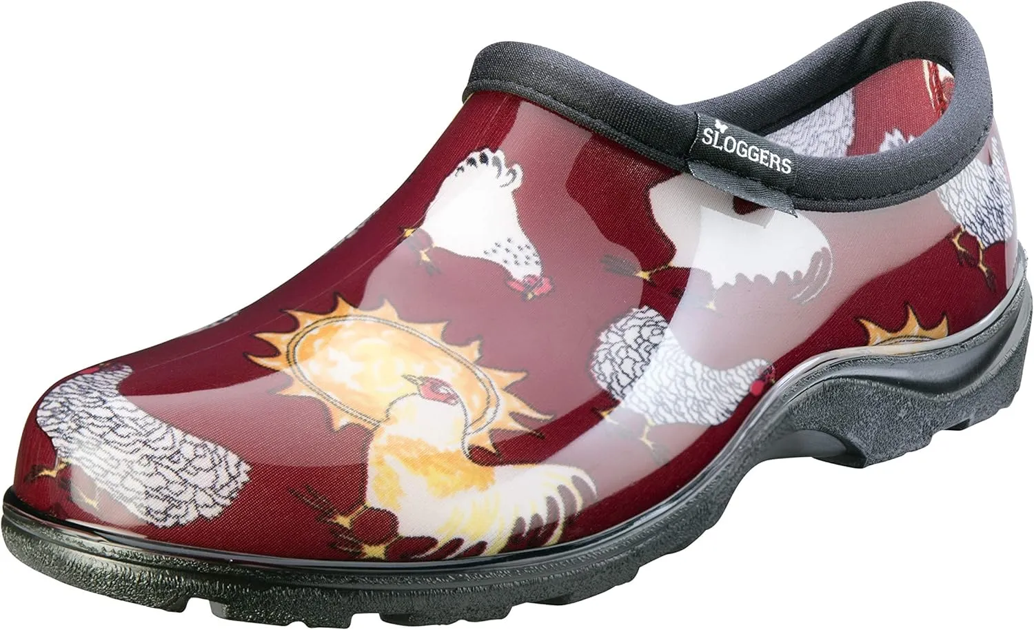 Sloggers Original Waterproof Rain and Garden Shoe for Women– Outdoor Slip-On Garden Clog - Made in The USA with Premium Comfort Insole and Arch Support - Chicken Print Barn Red, Size 8