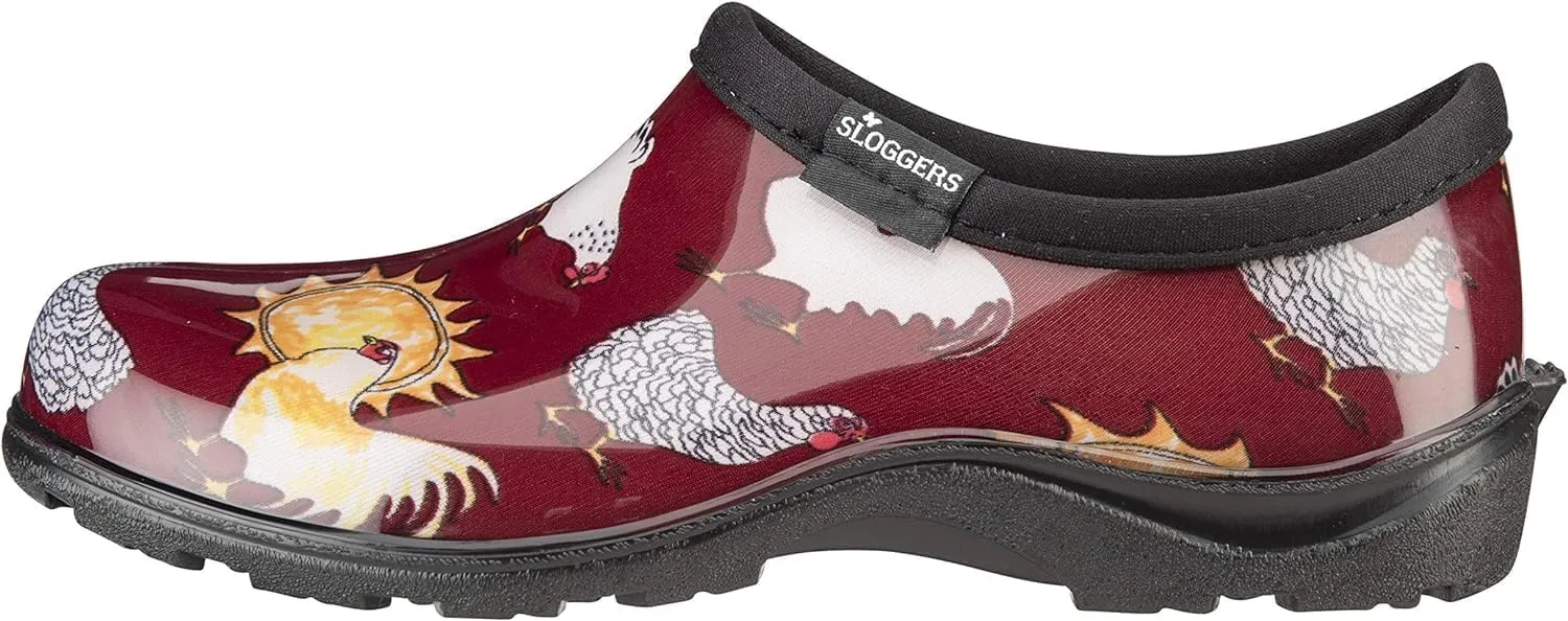Sloggers Original Waterproof Rain and Garden Shoe for Women– Outdoor Slip-On Garden Clog - Made in The USA with Premium Comfort Insole and Arch Support - Chicken Print Barn Red, Size 8