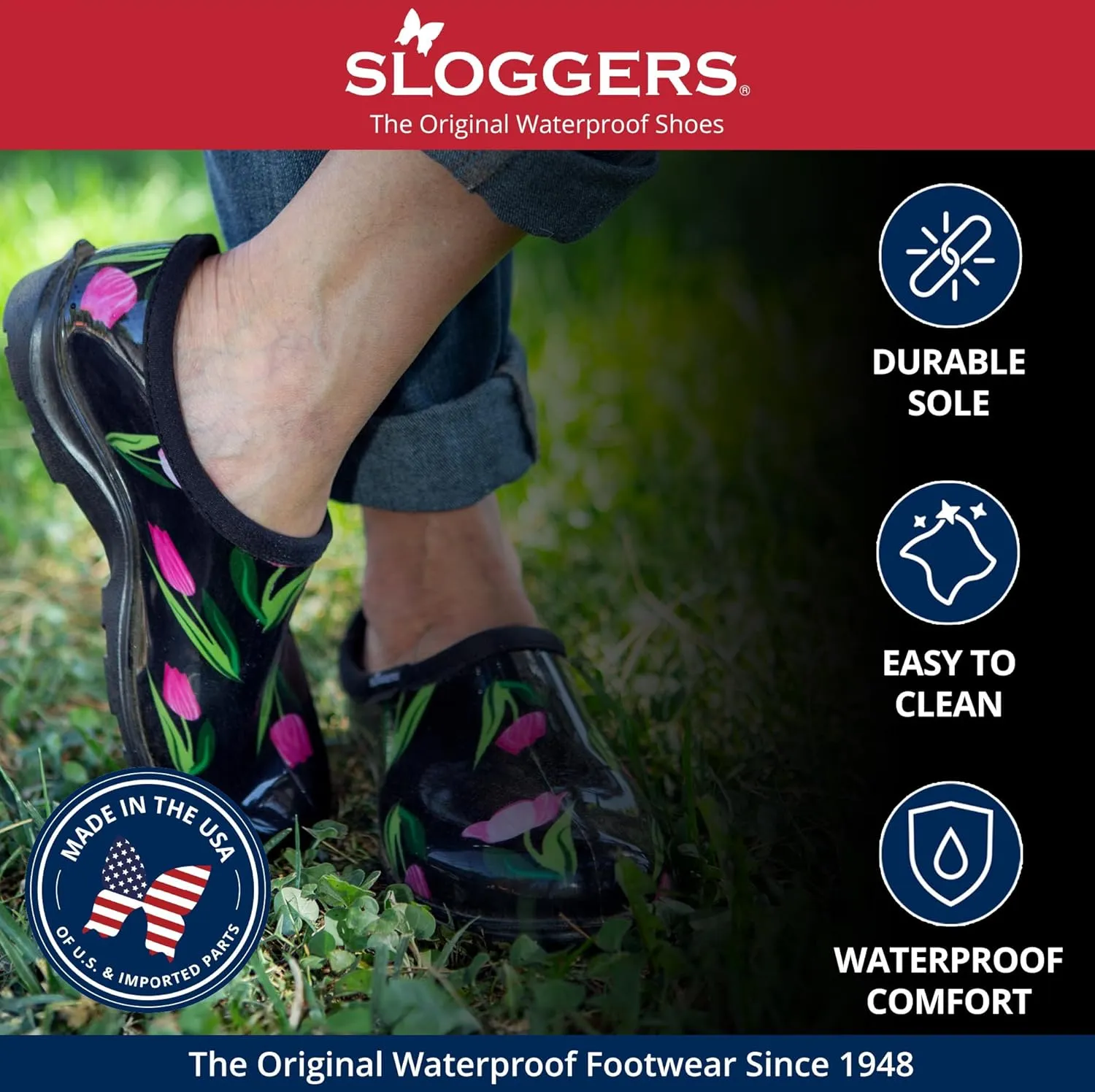 Sloggers Original Waterproof Rain and Garden Shoe for Women– Outdoor Slip-On Garden Clog - Made in The USA with Premium Comfort Insole and Arch Support - Classic Black, Size 9