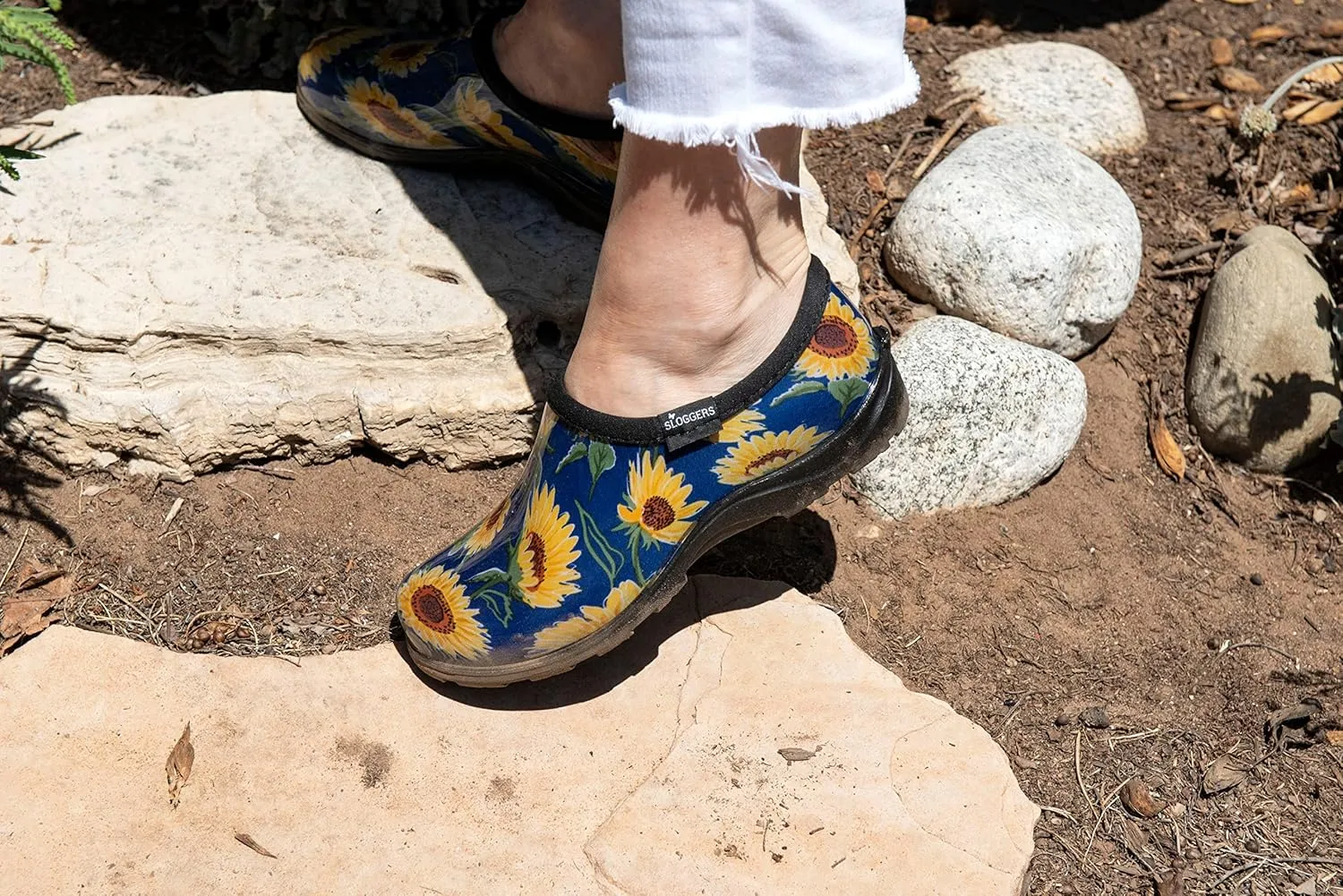 Sloggers Original Waterproof Rain and Garden Shoe for Women– Outdoor Slip-On Garden Clog - Made in The USA with Premium Comfort Insole and Arch Support - Sunflower Print Blue, Size 10
