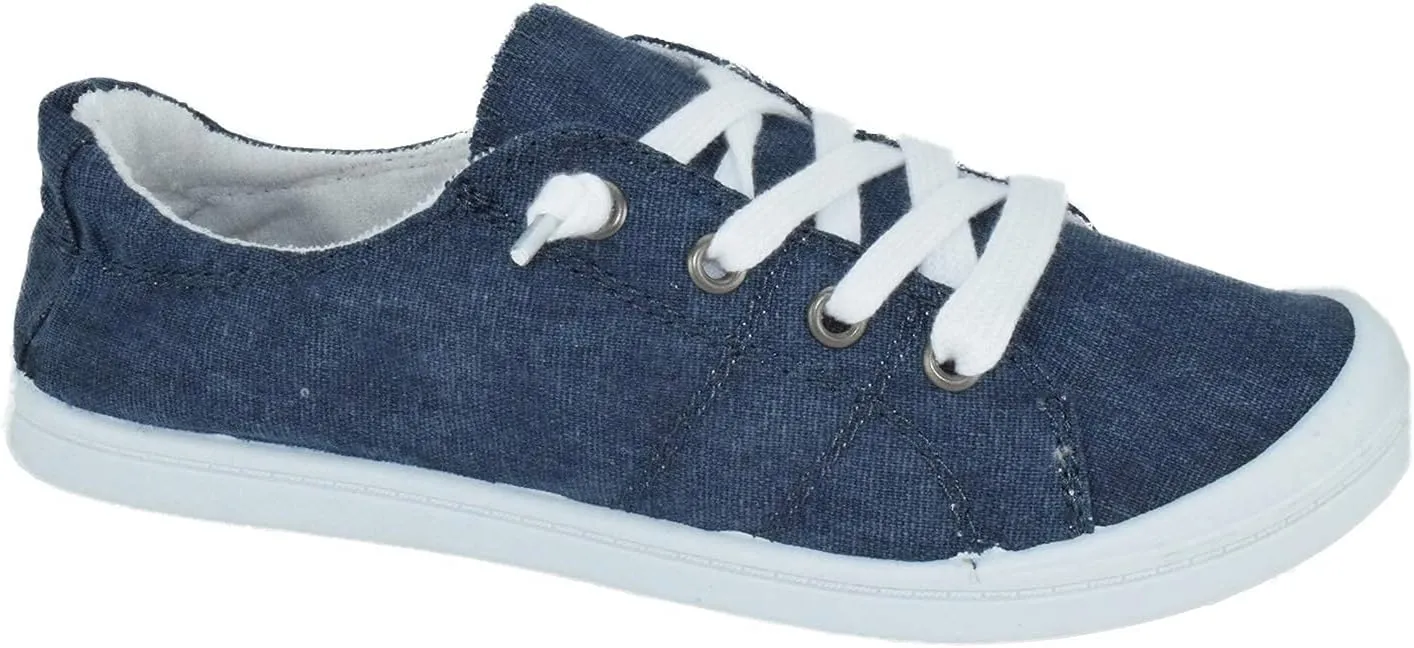 Soda Zig-S Navy Flat Linen Canvas Lace Up Loafers Style Slip On Fashion Sneakers (Navy, 6.5)