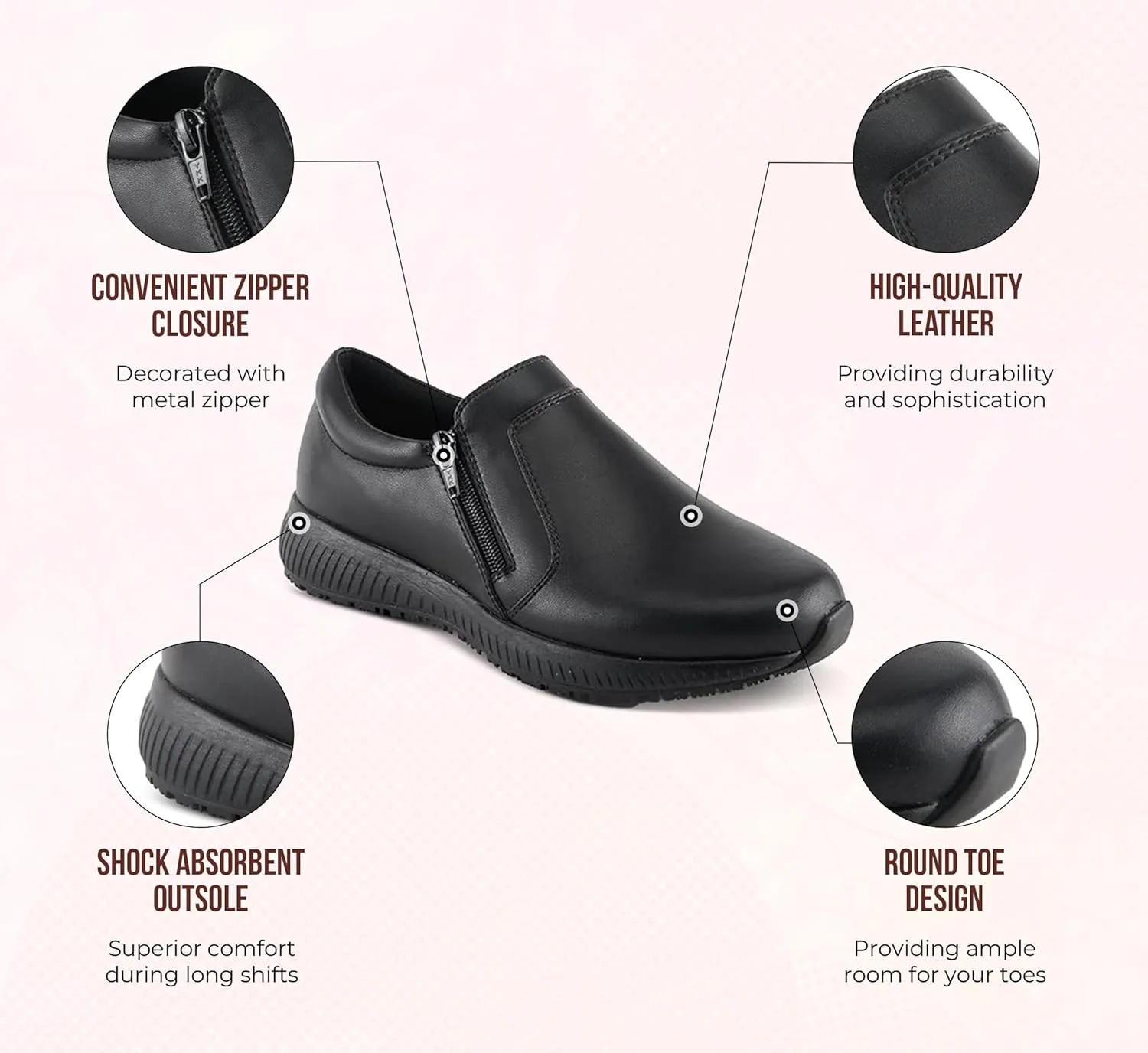 Spring Step Branski Professional Shoes for Women Work - Everyday Wear Slip On Womens Nursing Shoes Leather Upper, Cushioned Footbed, Zipper Closure