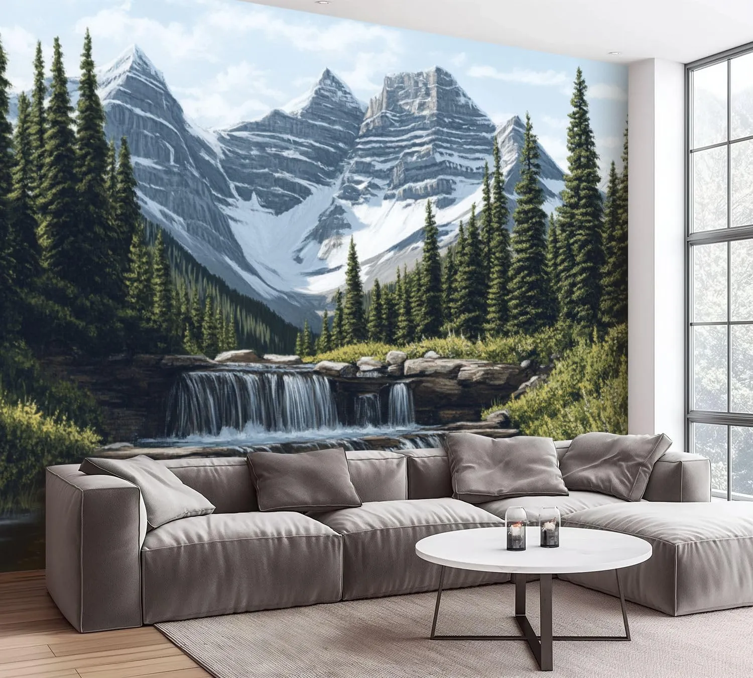 Stream Alpine Morning Mountain Ranges Pine Trees Waterfall Clear Sky Wall Mural Peel & Stick Wallpaper Removable Self-Adhesive Large Wall Sticker Wall Decor for Bedroom Living Room Nursery 100"x144"