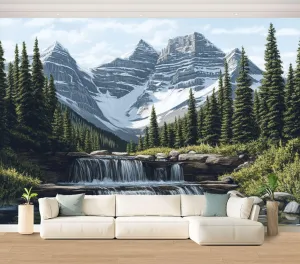 Stream Alpine Morning Mountain Ranges Pine Trees Waterfall Clear Sky Wall Mural Peel & Stick Wallpaper Removable Self-Adhesive Large Wall Sticker Wall Decor for Bedroom Living Room Nursery 100"x144"