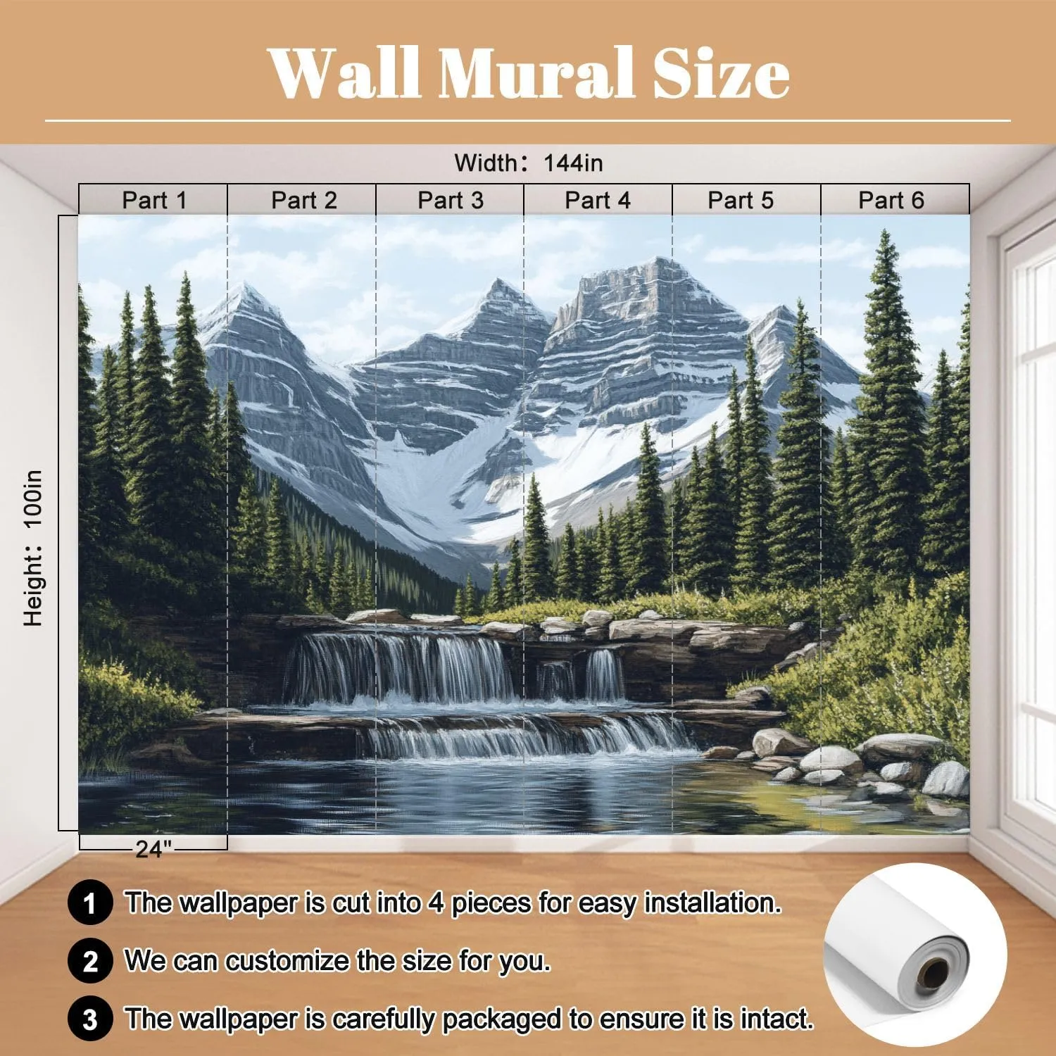 Stream Alpine Morning Mountain Ranges Pine Trees Waterfall Clear Sky Wall Mural Peel & Stick Wallpaper Removable Self-Adhesive Large Wall Sticker Wall Decor for Bedroom Living Room Nursery 100"x144"
