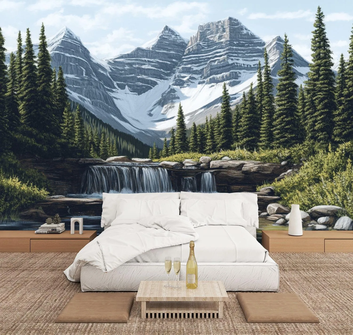 Stream Alpine Morning Mountain Ranges Pine Trees Waterfall Clear Sky Wall Mural Peel & Stick Wallpaper Removable Self-Adhesive Large Wall Sticker Wall Decor for Bedroom Living Room Nursery 100"x144"