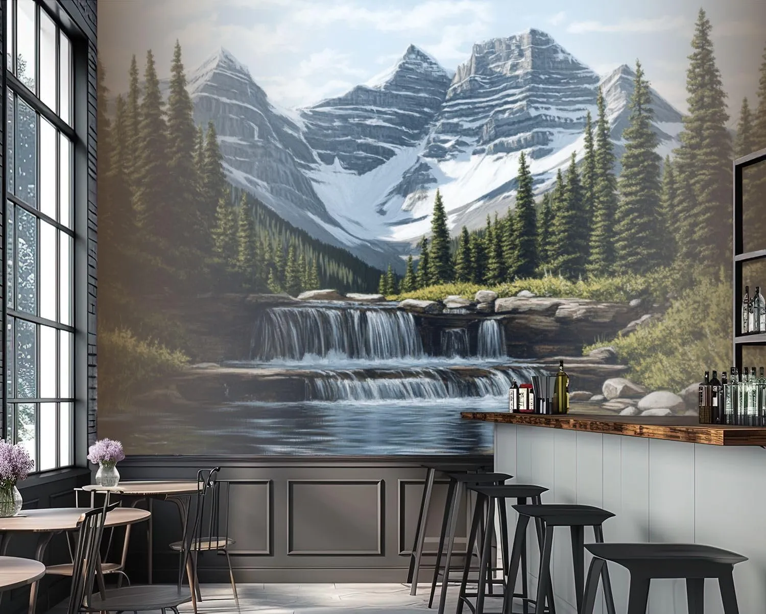 Stream Alpine Morning Mountain Ranges Pine Trees Waterfall Clear Sky Wall Mural Peel & Stick Wallpaper Removable Self-Adhesive Large Wall Sticker Wall Decor for Bedroom Living Room Nursery 100"x144"
