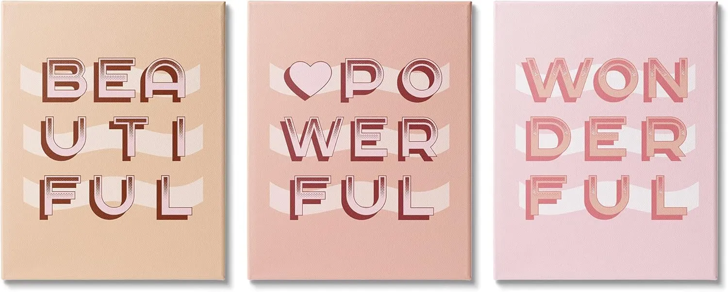 Stupell Industries Beautiful Powerful Wonderful Encouragement Pink White Heart, Designed by Daphne Polselli Canvas Wall Art, 3pc, Each 16 x 20