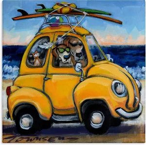 Stupell Industries Pet Beach Buggy Groovy Dog Cat Surf Scene, Design by CR Townsend Canvas Wall Art, 24x24, Yellow