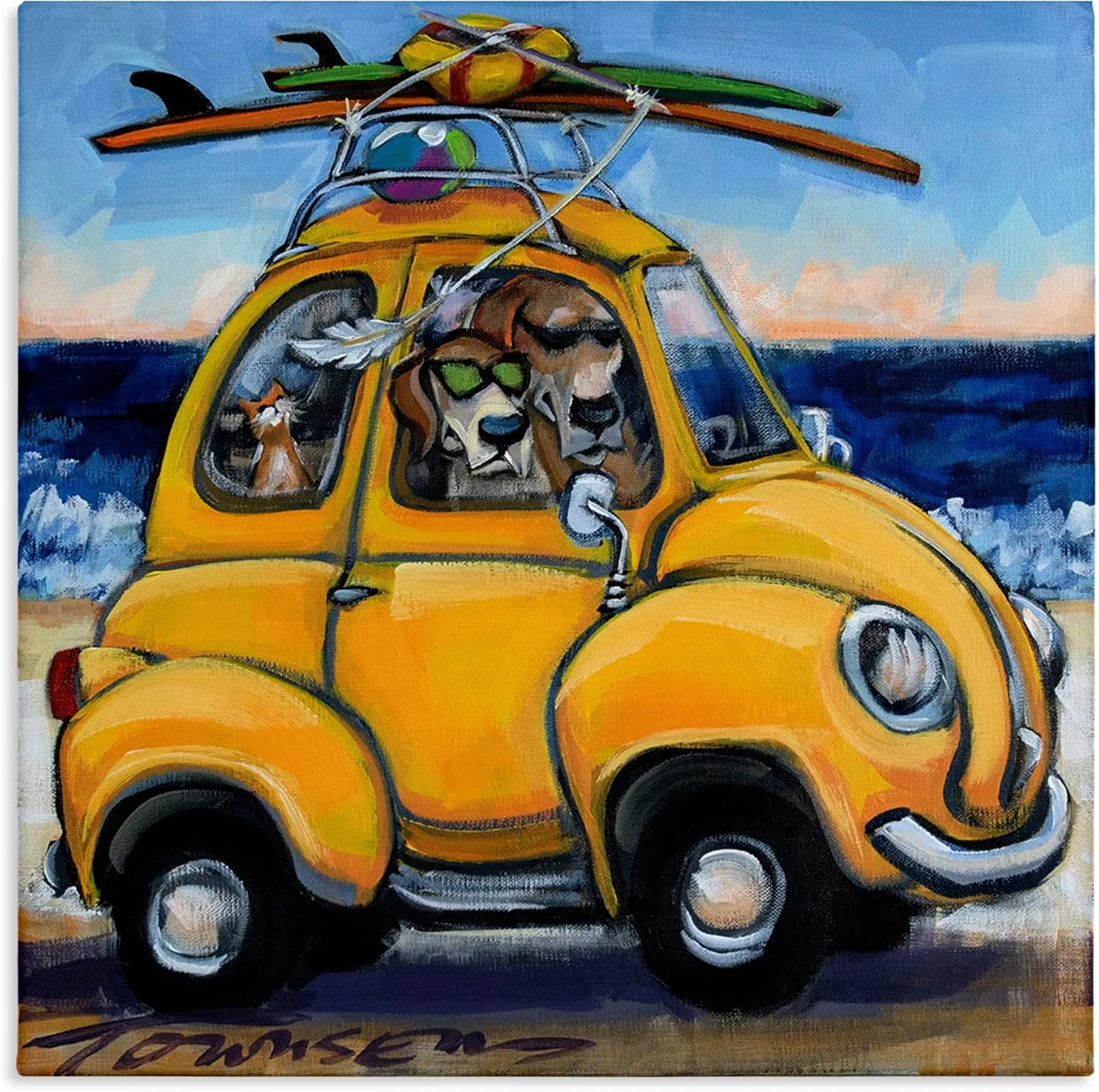 Stupell Industries Pet Beach Buggy Groovy Dog Cat Surf Scene, Design by CR Townsend Canvas Wall Art, 30x30, Yellow