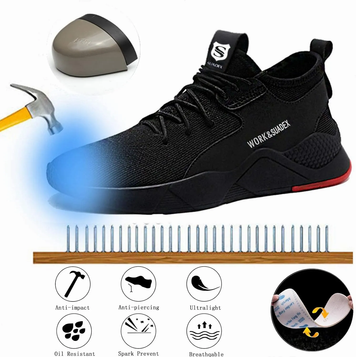 SUADEX Steel Toe Shoes for Women Men, Anti Slip Safety Shoes Breathable Lightweight Puncture Proof Work Construction Sneakers