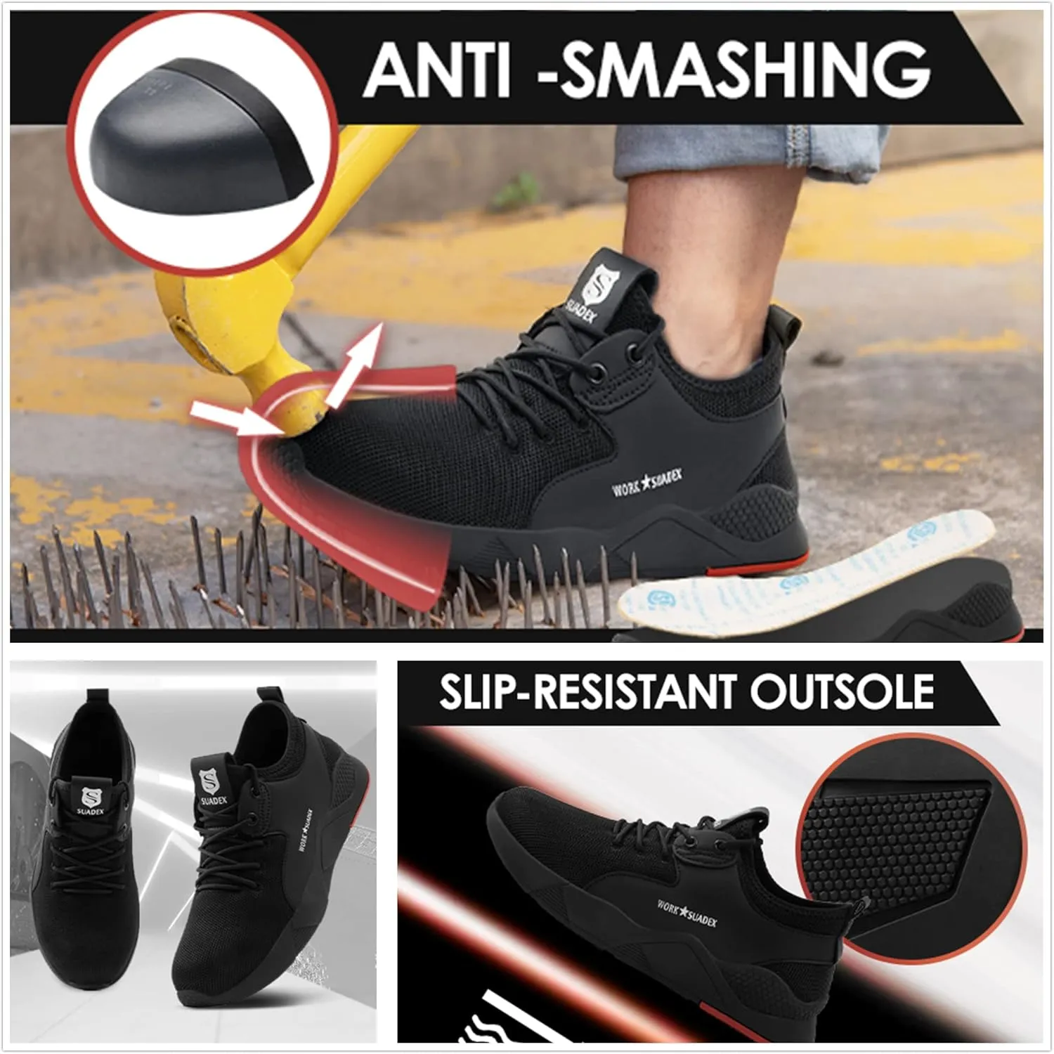 SUADEX Steel Toe Shoes for Women Men, Anti Slip Safety Shoes Breathable Lightweight Puncture Proof Work Construction Sneakers