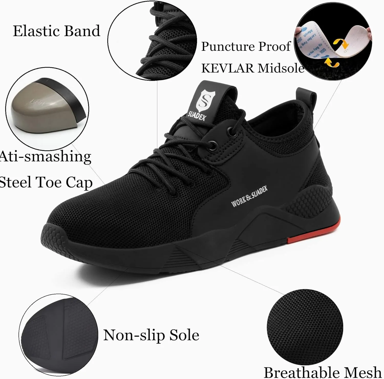 SUADEX Steel Toe Shoes for Women Men, Anti Slip Safety Shoes Breathable Lightweight Puncture Proof Work Construction Sneakers
