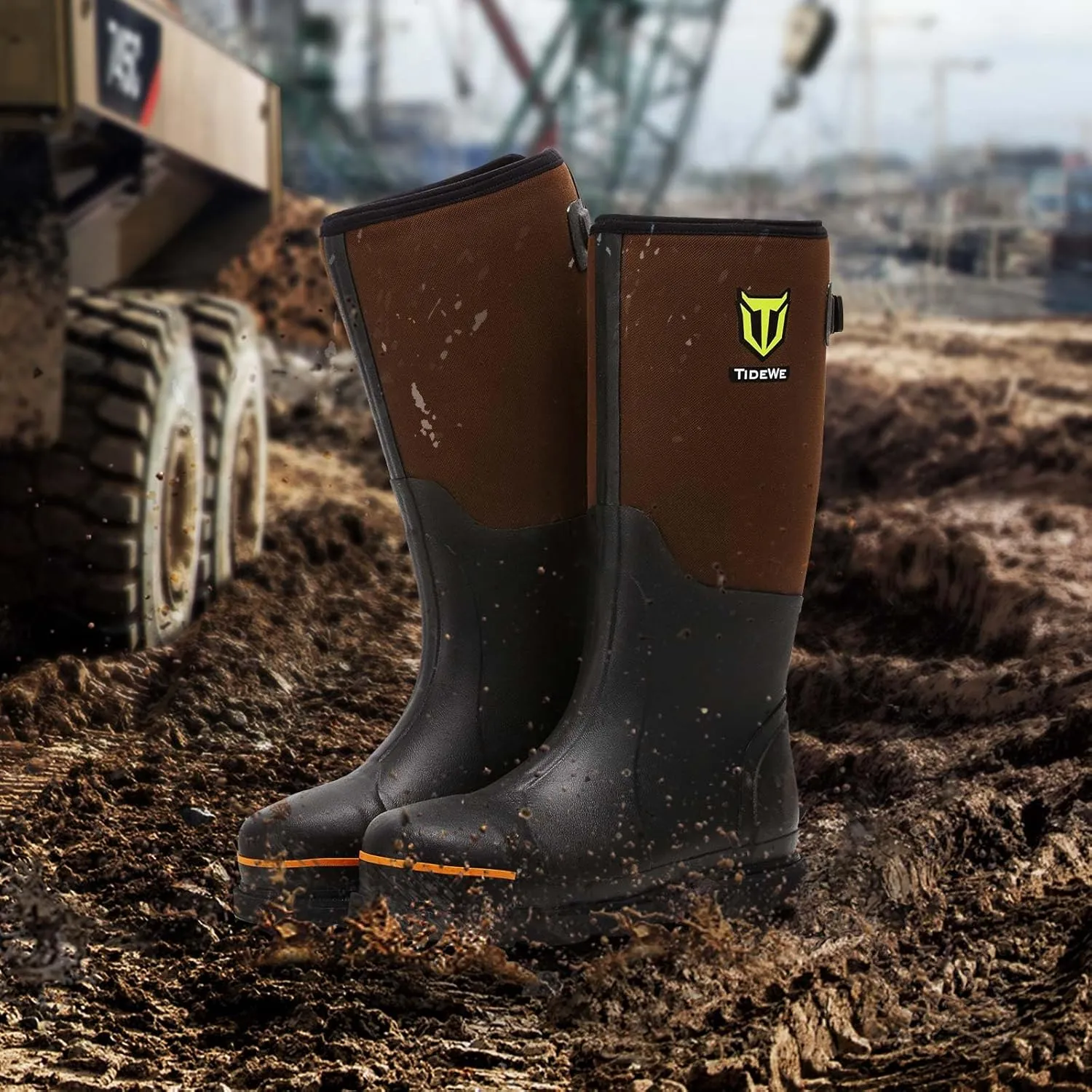 TIDEWE Rubber Work Boot for Men with Steel Toe & Shank, Waterproof Anti Slip Hunting Boot, 6mm Neoprene Hunting Boot, Sturdy Brown Rubber Boot for Manufacturing, Construction, Farming, Size 6-14