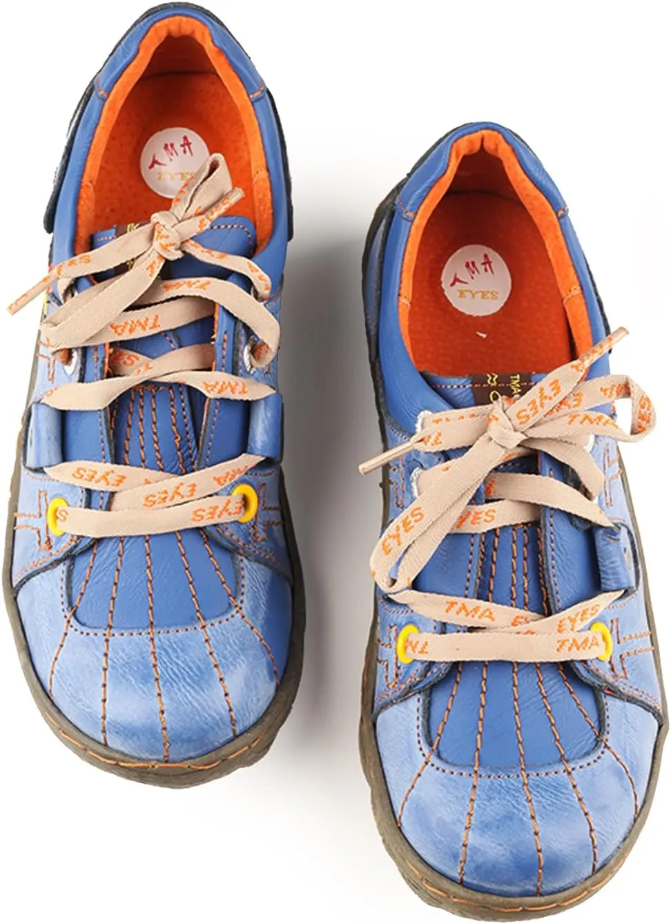 TMA EYES Ladies' Hand-Sewn Thread Genuine Leather Flat Wide-Toe Sports Casual Shoes