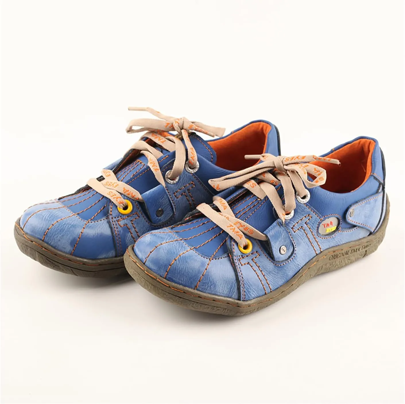 TMA EYES Ladies' Hand-Sewn Thread Genuine Leather Flat Wide-Toe Sports Casual Shoes