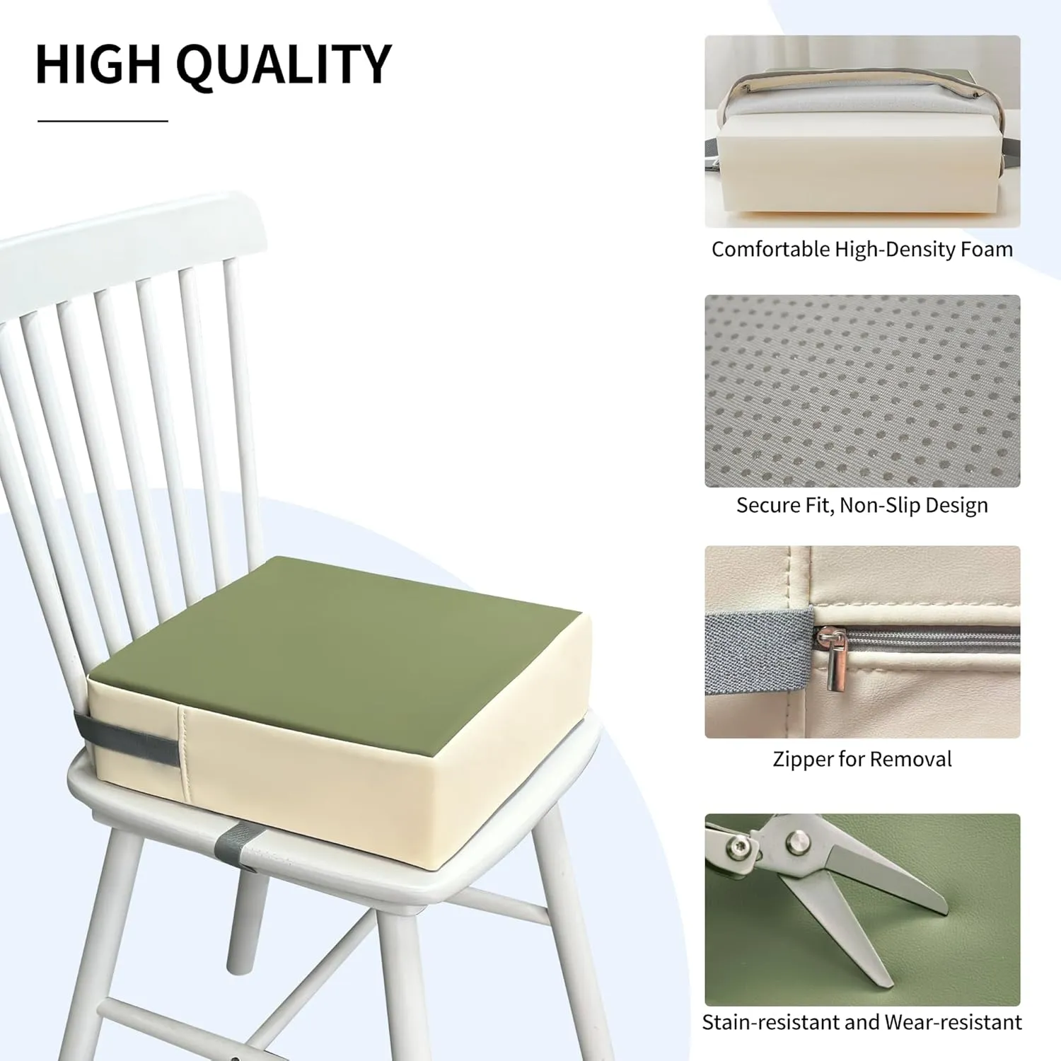 Toddler Booster Seat for Dining Table, 2 Elastic Seat Belts, Anti-Scratch PU Skin-Friendly, Waterproof, Anti-Wrinkle, Detachable Non-Slip Bottom