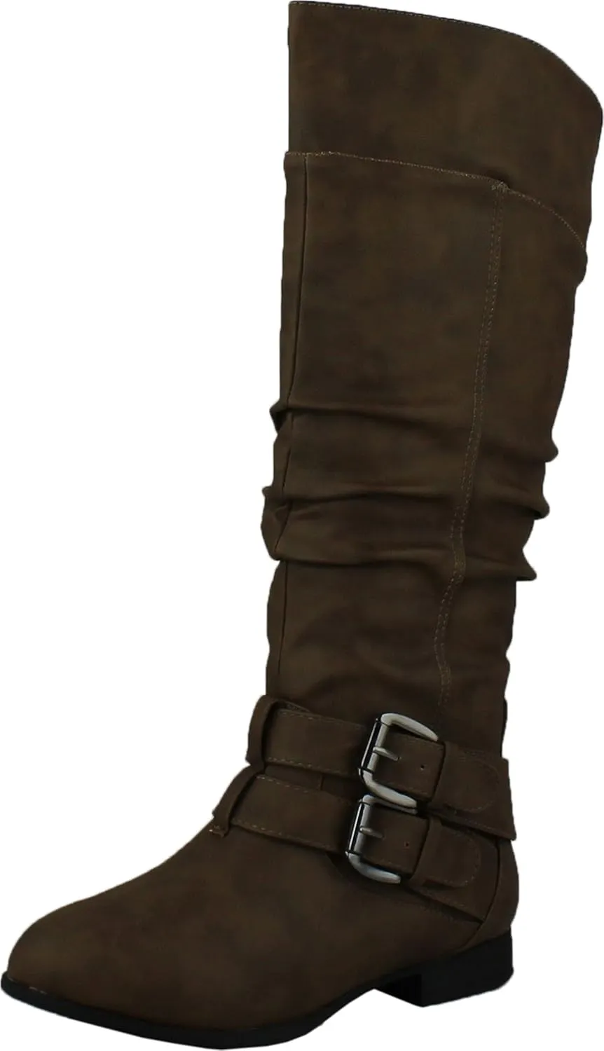 TOP Moda Womens Coco-20 Knee High Round Toe Buckle Slouched Riding Flat Boots
