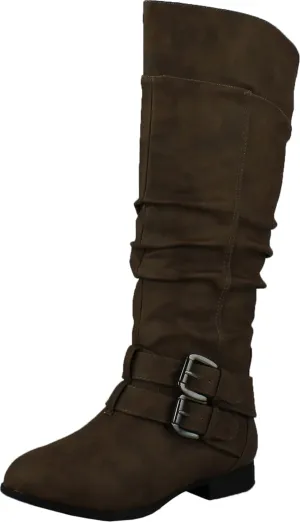 TOP Moda Womens Coco-20 Knee High Round Toe Buckle Slouched Riding Flat Boots