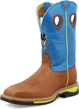 Twisted X Men's 12" Western Work Boot, Square Toe Steel Toe, Brown Oiled Shoulder & Neon Blue, 13 EE