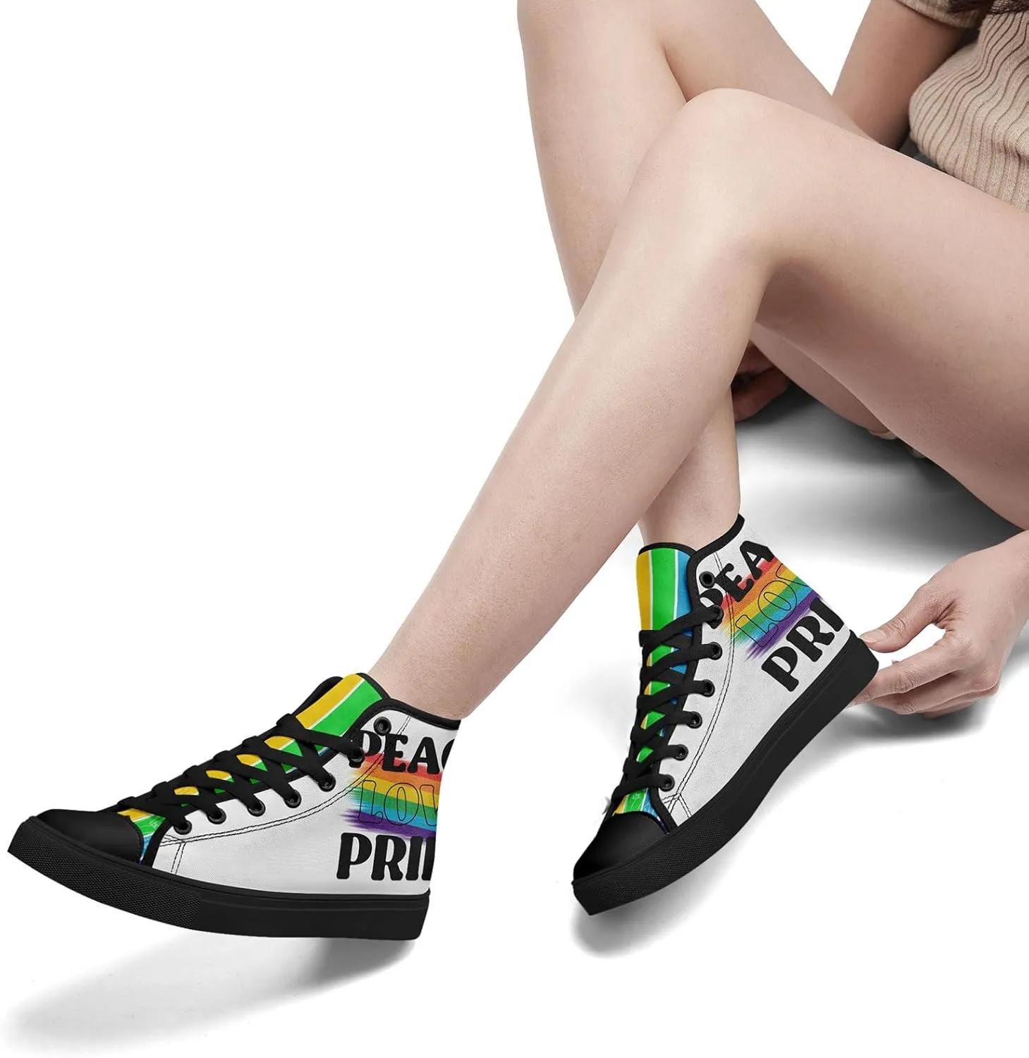 Unisex High Top Canvas Sneakers Lace-up Fashion Casual Walking Tennis Shoes Rainbow Stripe Heart Footwear