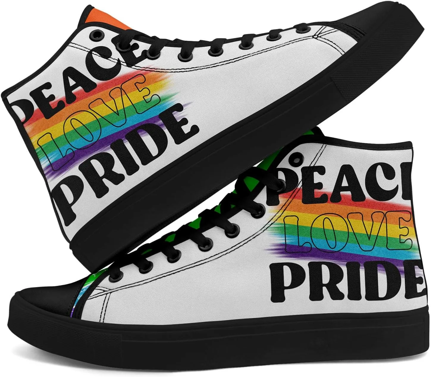 Unisex High Top Canvas Sneakers Lace-up Fashion Casual Walking Tennis Shoes Rainbow Stripe Heart Footwear