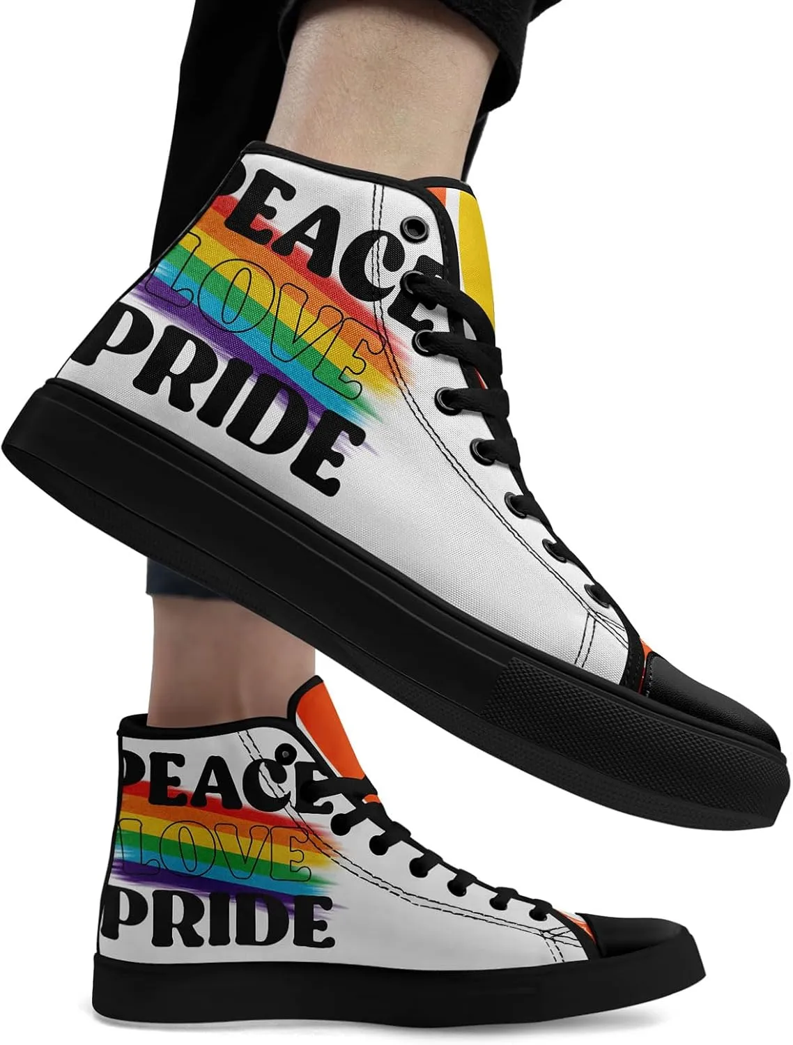 Unisex High Top Canvas Sneakers Lace-up Fashion Casual Walking Tennis Shoes Rainbow Stripe Heart Footwear