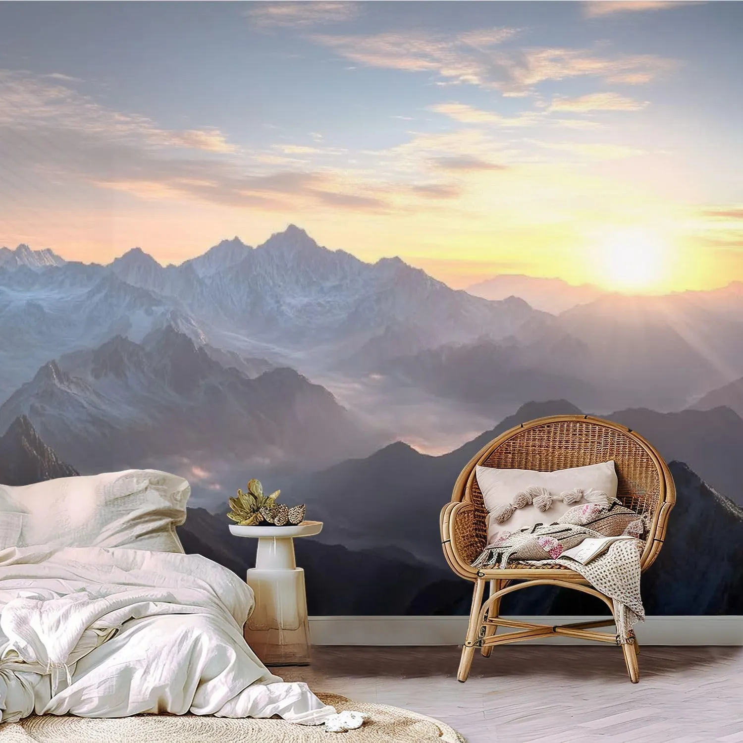 Wall Mural Aerial View Misty Mountains Sunrise Self Adhesive Wallpaper Peel & Stick Wall Decal Sticker Poster Home Decor for Bedroom Living Room Bathroom 100"x144"