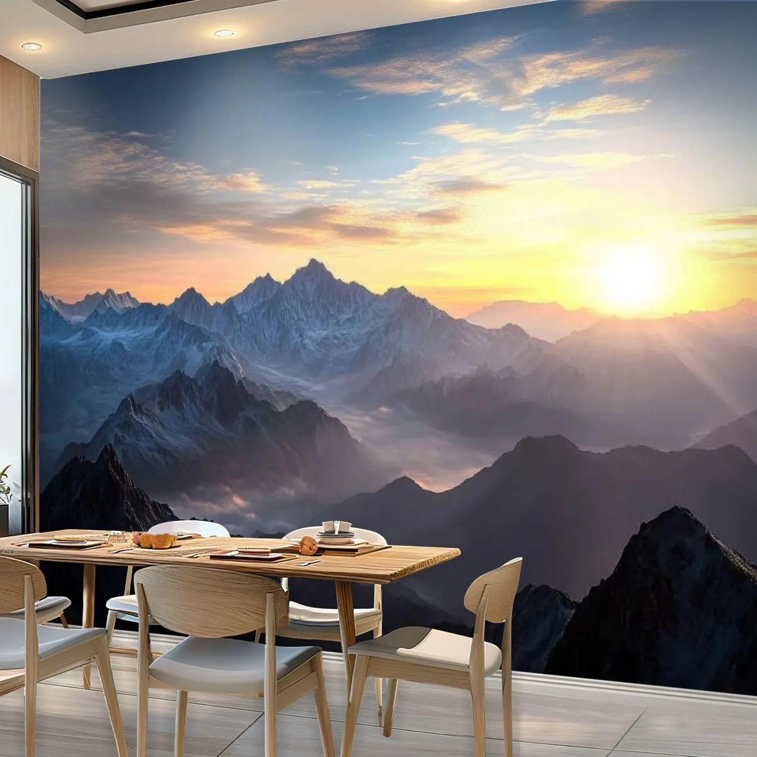 Wall Mural Aerial View Misty Mountains Sunrise Self Adhesive Wallpaper Peel & Stick Wall Decal Sticker Poster Home Decor for Bedroom Living Room Bathroom 100"x144"