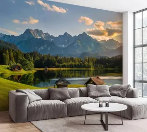 Wall Mural Magic Sunrise Alpine Lake Geroldsee View to Mount Karwendel Garmisch Peel and Stick Wallpaper Removable Self-Adhesive Wall Sticker Wall Decor for Bedroom Living Room Decor 100"x144"
