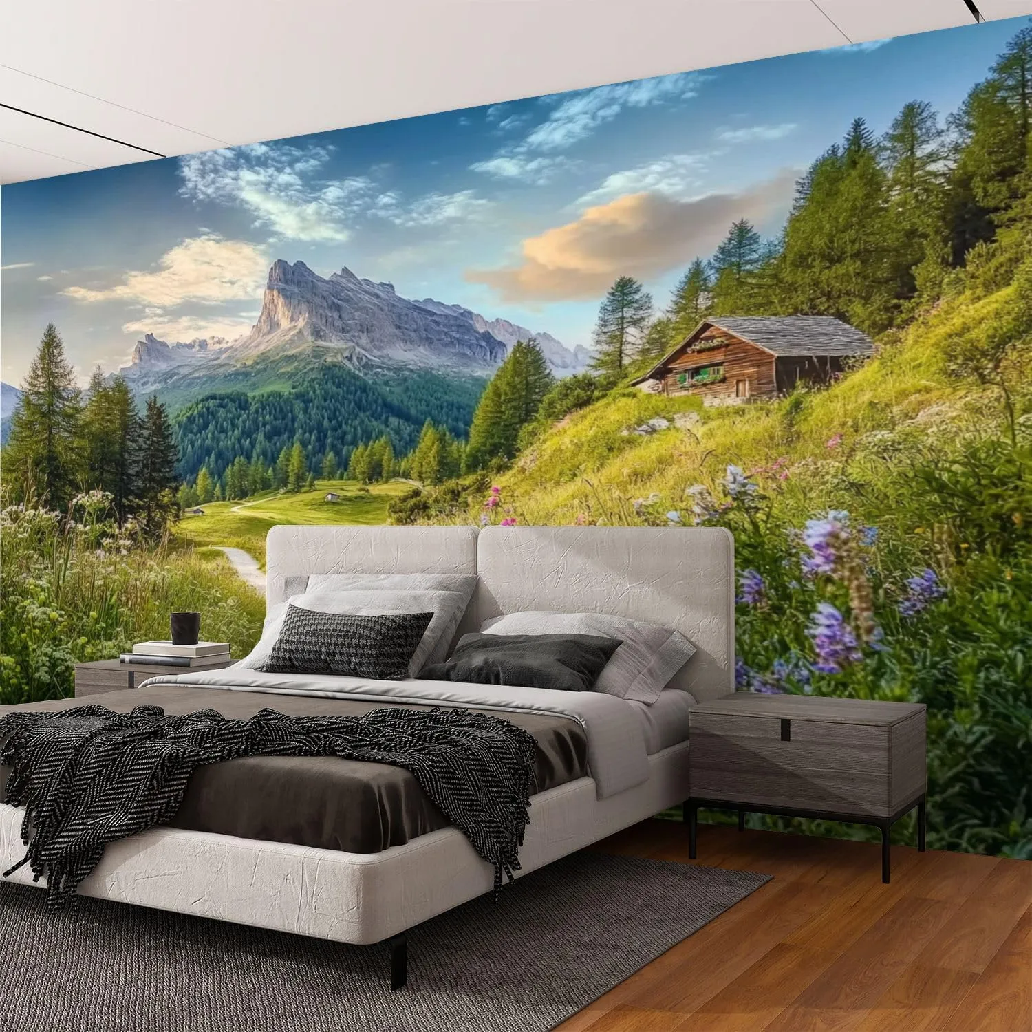 Wall Mural Peel & Stick Alpine Scenery Dolomites Mountain chalets Sunset Summer Self-Adhesive Wallpaper Removable Wall Decal Wall Sticker Home Decor for Living Room Bedroom 69"x96"