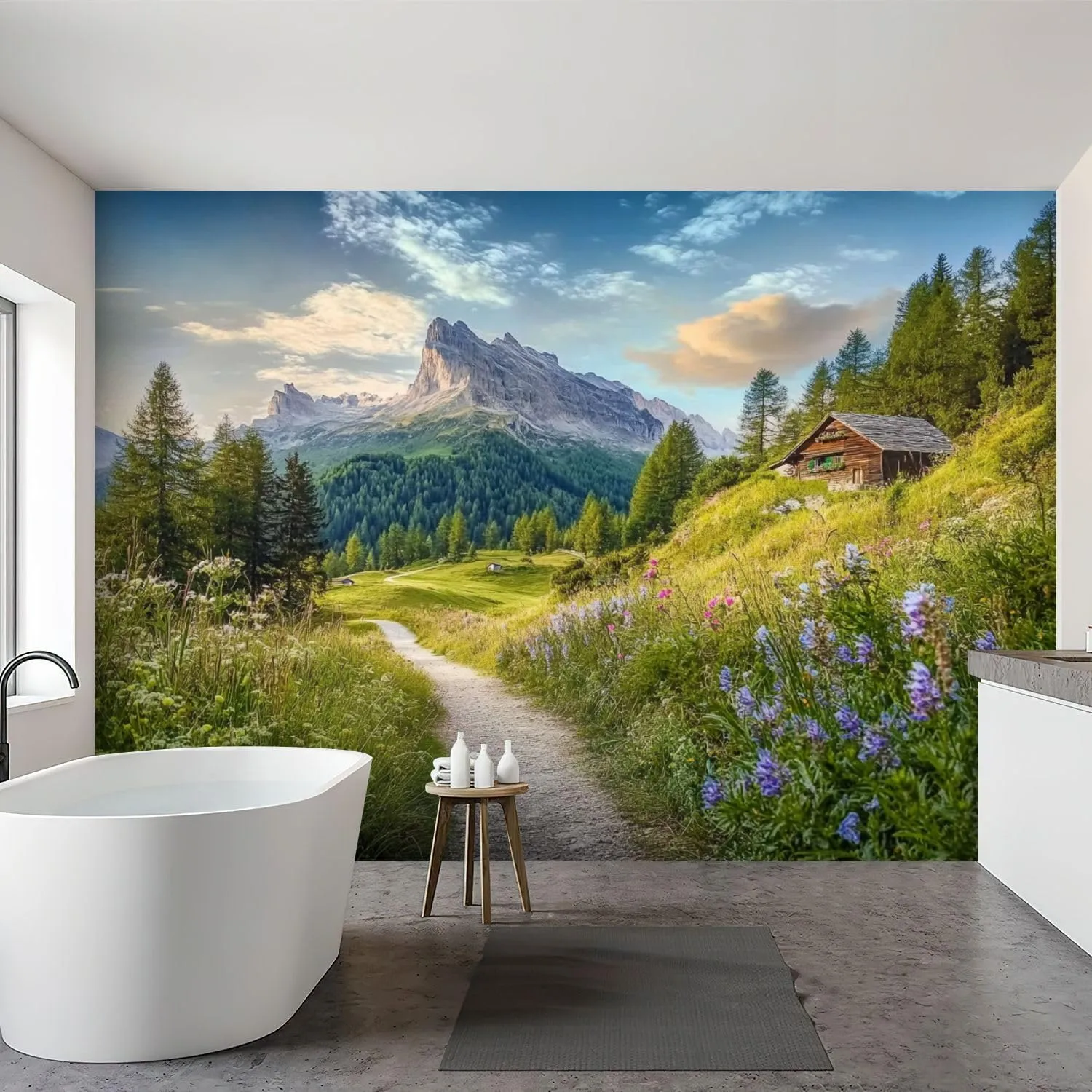 Wall Mural Peel & Stick Alpine Scenery Dolomites Mountain chalets Sunset Summer Self-Adhesive Wallpaper Removable Wall Decal Wall Sticker Home Decor for Living Room Bedroom 69"x96"