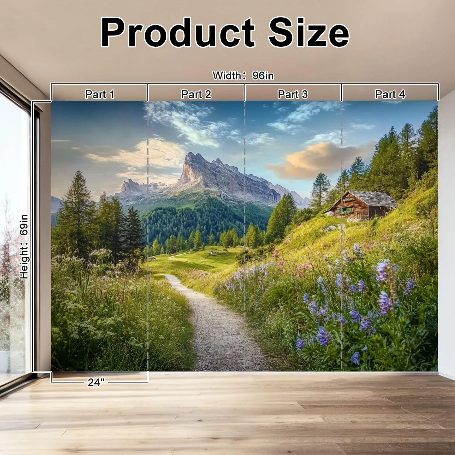 Wall Mural Peel & Stick Alpine Scenery Dolomites Mountain chalets Sunset Summer Self-Adhesive Wallpaper Removable Wall Decal Wall Sticker Home Decor for Living Room Bedroom 69"x96"