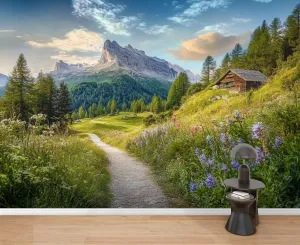Wall Mural Peel & Stick Alpine Scenery Dolomites Mountain chalets Sunset Summer Self-Adhesive Wallpaper Removable Wall Decal Wall Sticker Home Decor for Living Room Bedroom 69"x96"