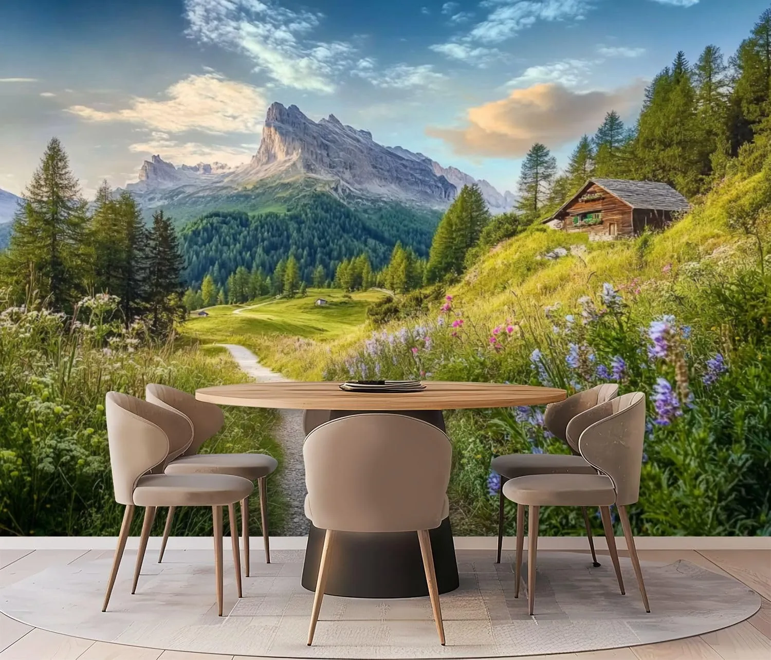 Wall Mural Peel & Stick Alpine Scenery Dolomites Mountain chalets Sunset Summer Self-Adhesive Wallpaper Removable Wall Decal Wall Sticker Home Decor for Living Room Bedroom 69"x96"