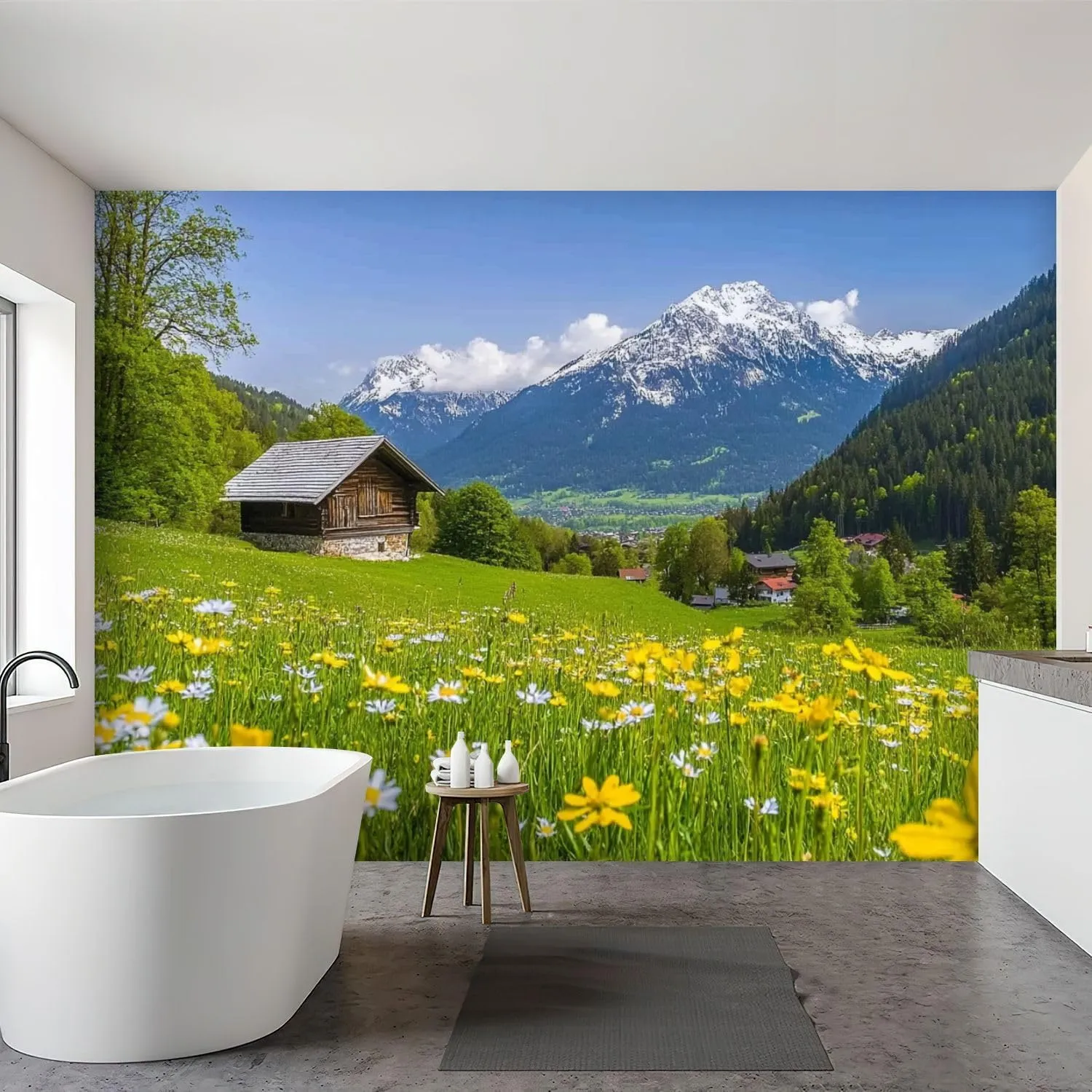 Wall Mural Peel & Stick Alpine Scenery Mountain Chalet Summer Self-Adhesive Wallpaper Removable Wall Decal Wall Sticker Home Decor for Living Room Bedroom 100"x144"