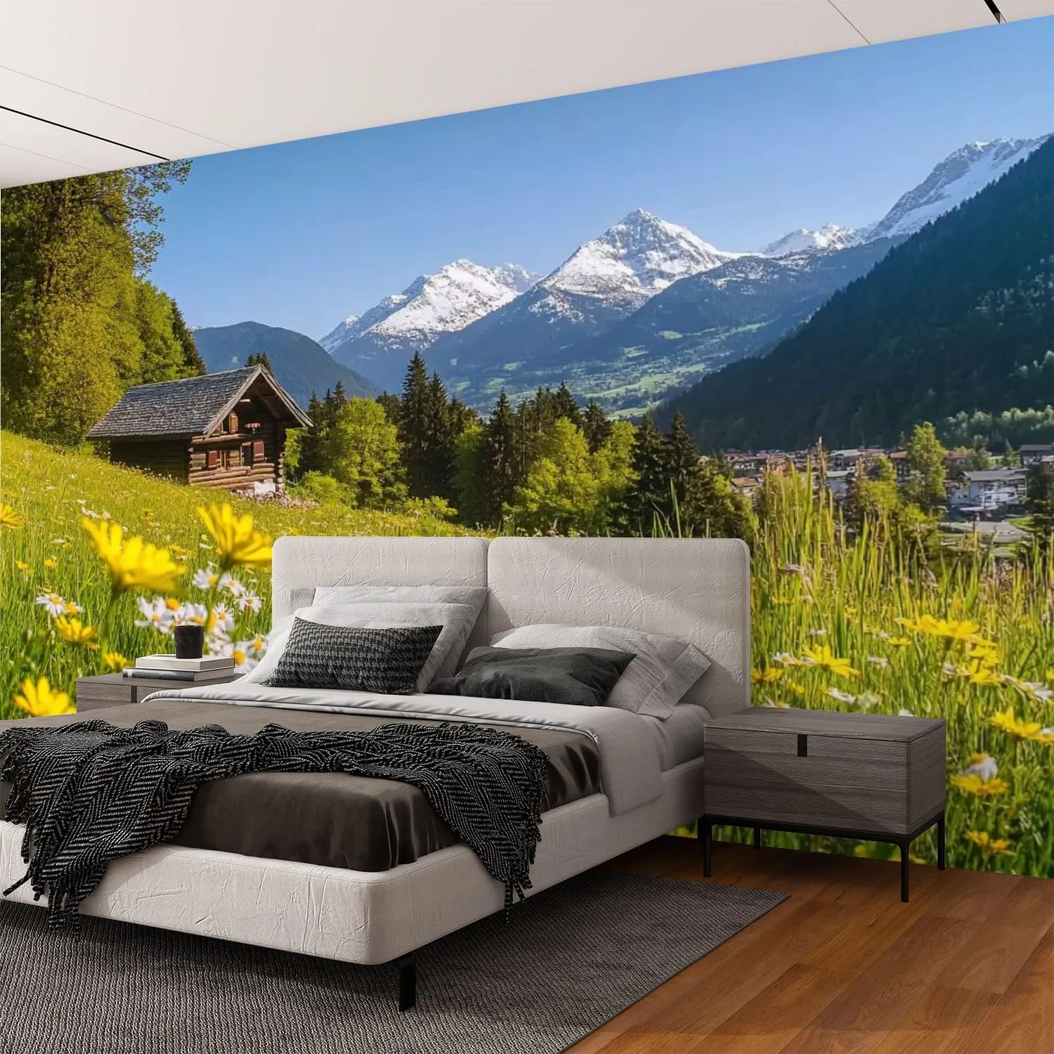 Wall Mural Peel & Stick Alpine Scenery Mountain Chalet Summer Self-Adhesive Wallpaper Removable Wall Decal Wall Sticker Home Decor for Living Room Bedroom 100"x144"