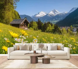 Wall Mural Peel & Stick Alpine Scenery Mountain Chalet Summer Self-Adhesive Wallpaper Removable Wall Decal Wall Sticker Home Decor for Living Room Bedroom 100"x144"