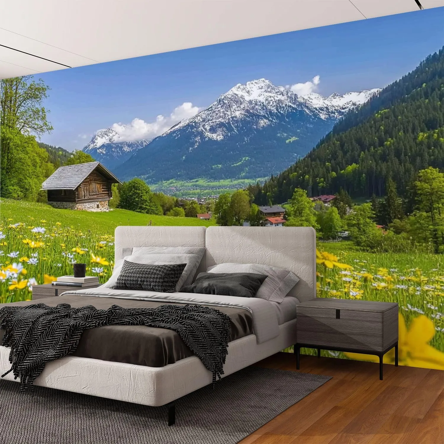 Wall Mural Peel & Stick Alpine Scenery Mountain Chalet Summer Self-Adhesive Wallpaper Removable Wall Decal Wall Sticker Home Decor for Living Room Bedroom 100"x144"