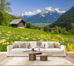 Wall Mural Peel & Stick Alpine Scenery Mountain Chalet Summer Self-Adhesive Wallpaper Removable Wall Decal Wall Sticker Home Decor for Living Room Bedroom 100"x144"