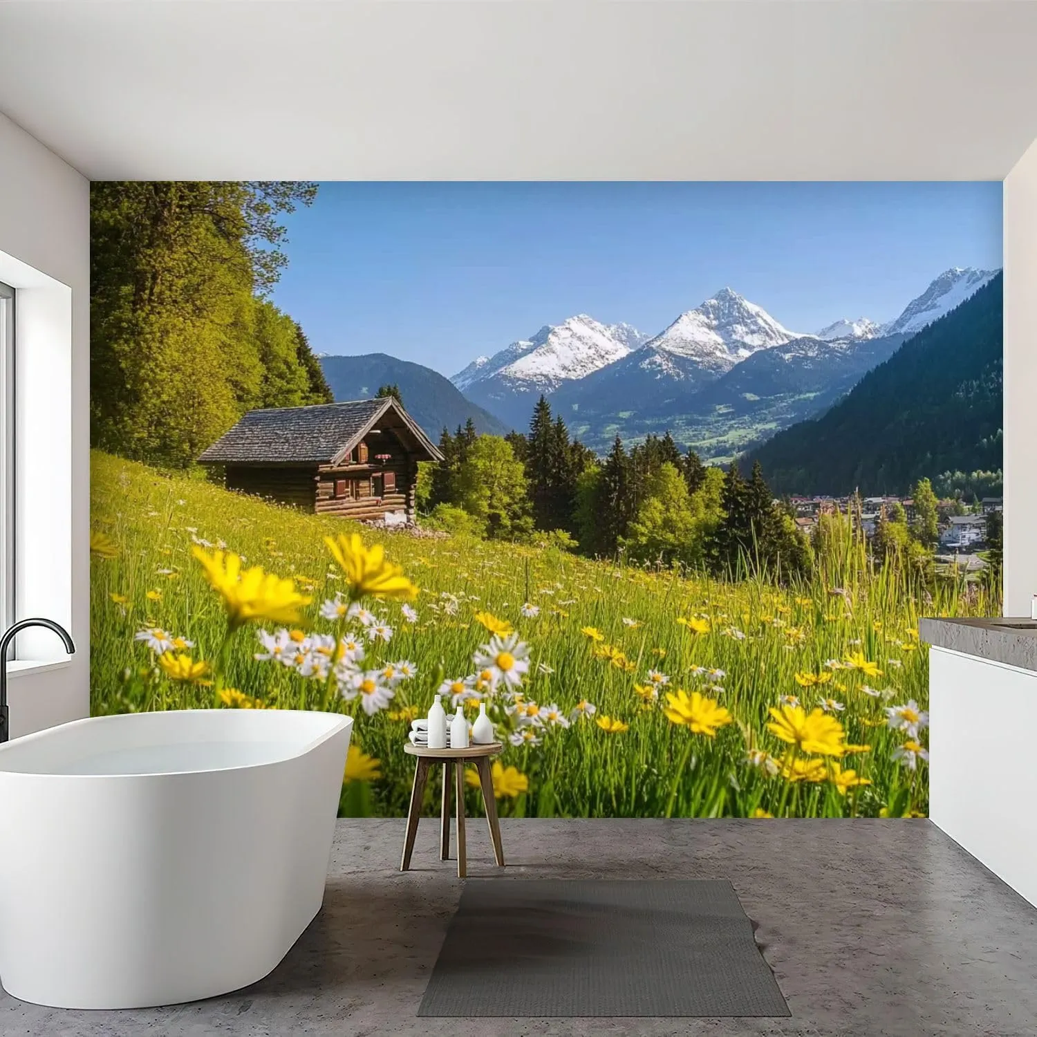 Wall Mural Peel & Stick Alpine Scenery Mountain Chalet Summer Self-Adhesive Wallpaper Removable Wall Decal Wall Sticker Home Decor for Living Room Bedroom 100"x144"