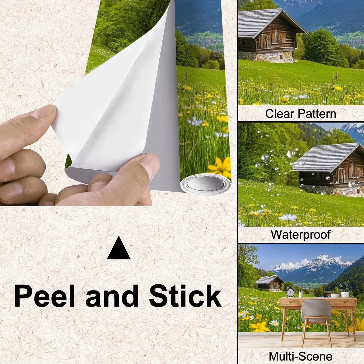 Wall Mural Peel & Stick Alpine Scenery Mountain Chalet Summer Self-Adhesive Wallpaper Removable Wall Decal Wall Sticker Home Decor for Living Room Bedroom 100"x144"