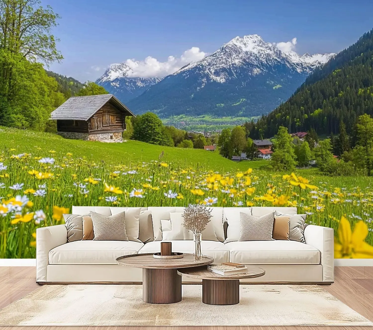Wall Mural Peel & Stick Alpine Scenery Mountain Chalet Summer Self-Adhesive Wallpaper Removable Wall Decal Wall Sticker Home Decor for Living Room Bedroom 100"x144"