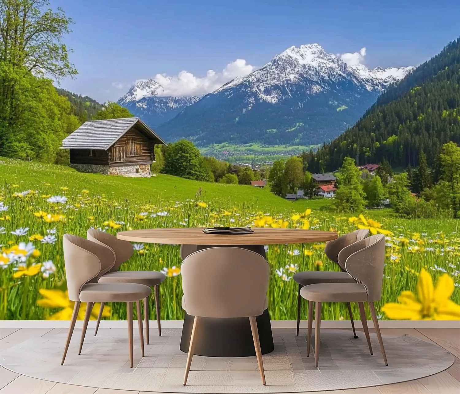 Wall Mural Peel & Stick Alpine Scenery Mountain Chalet Summer Self-Adhesive Wallpaper Removable Wall Decal Wall Sticker Home Decor for Living Room Bedroom 100"x144"