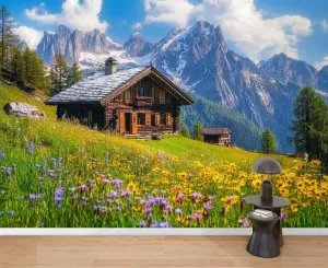 Wall Mural Peel & Stick Alpine Scenery Mountain Chalet Summer Self-Adhesive Wallpaper Removable Wall Decal Wall Sticker Home Decor for Living Room Bedroom 69"x96"